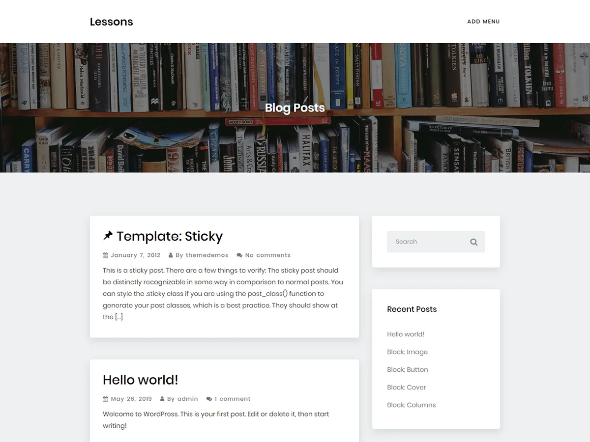 Lessons blog teması ile örnek bir web sitesi görünümü