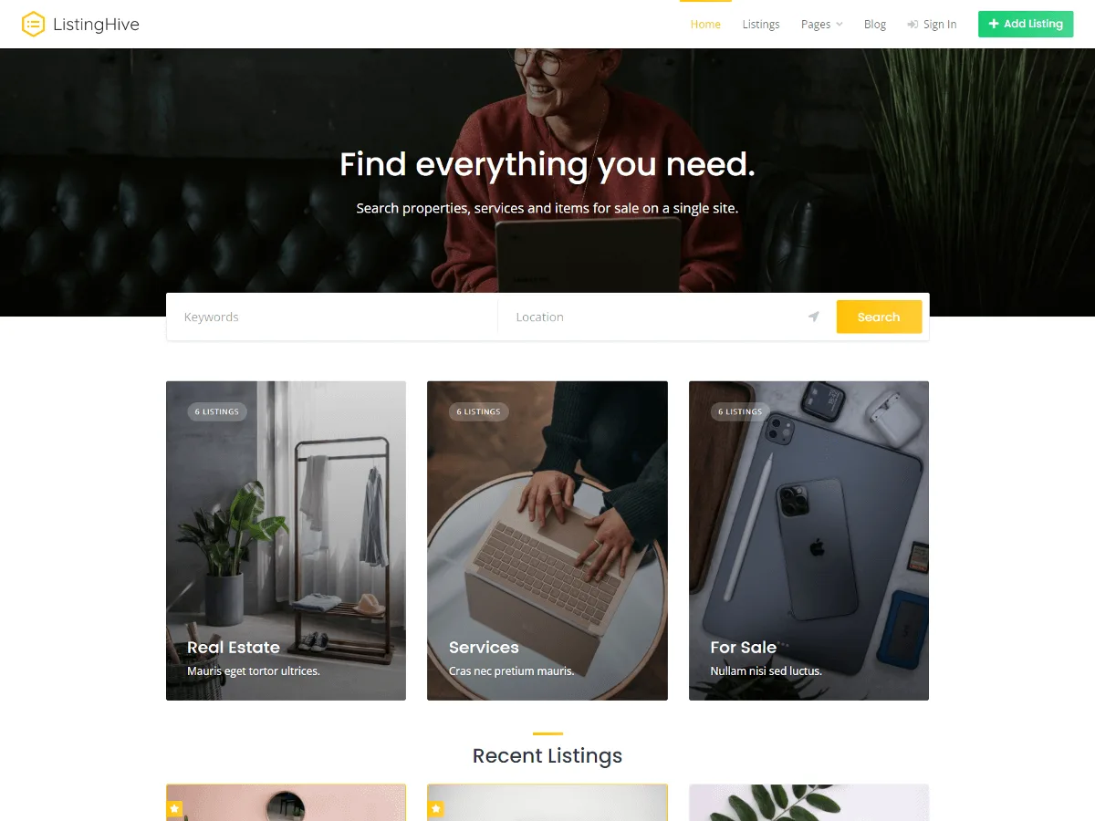 ListingHive web sitesi teması ile oluşturulmuş dizin sitesi örneği