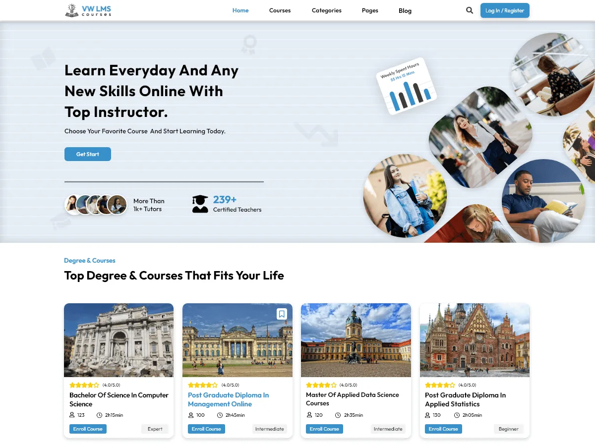 LMS Education Courses web sitesi teması ile eğitim platformu örneği
