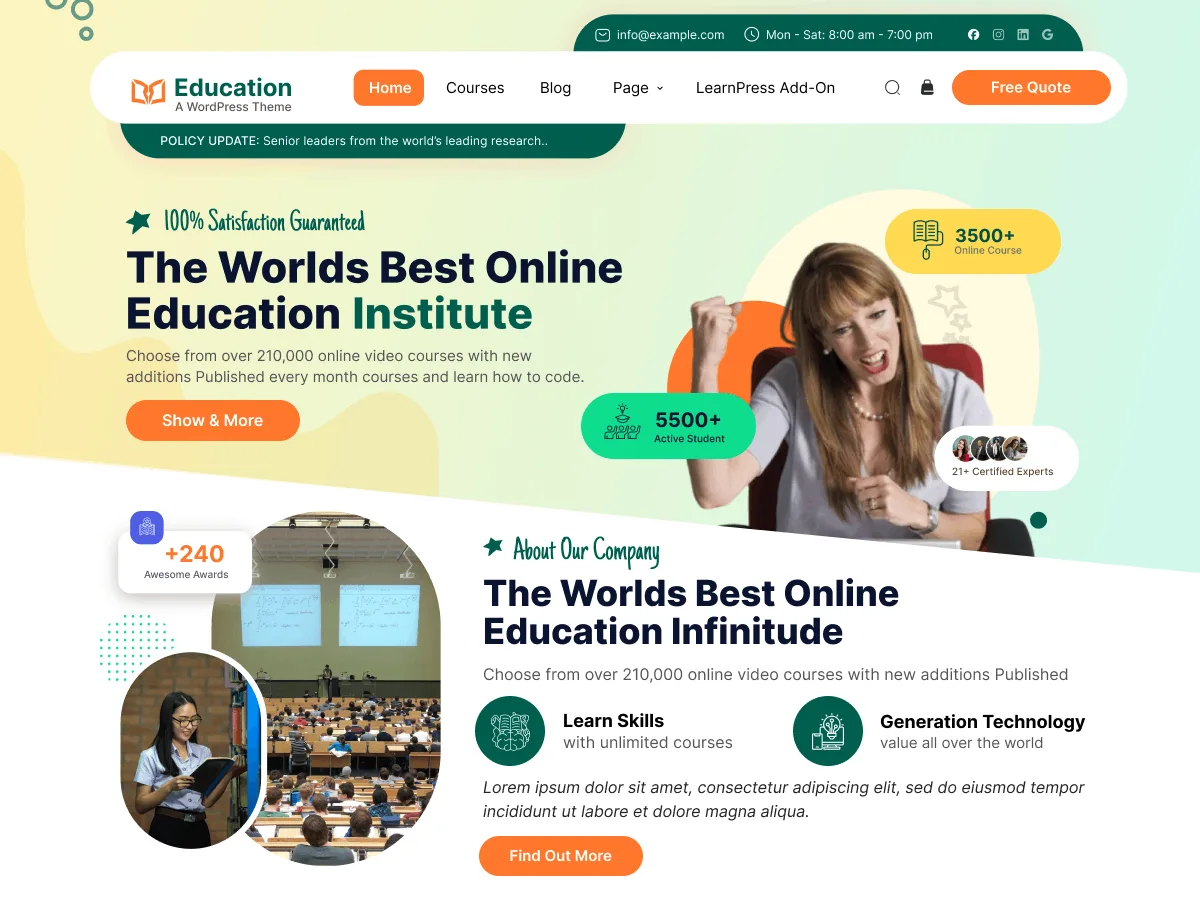 LMS Education Study web sitesi teması ile eğitim sitesi görünümü
