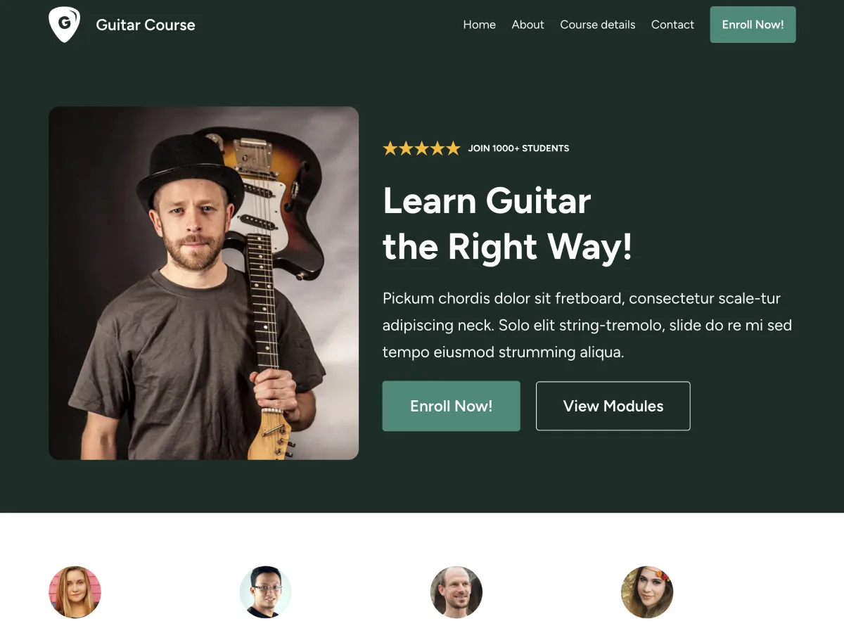 LMSCourse FSE web sitesi teması ile oluşturulmuş çevrimiçi kurs platformu görünümü