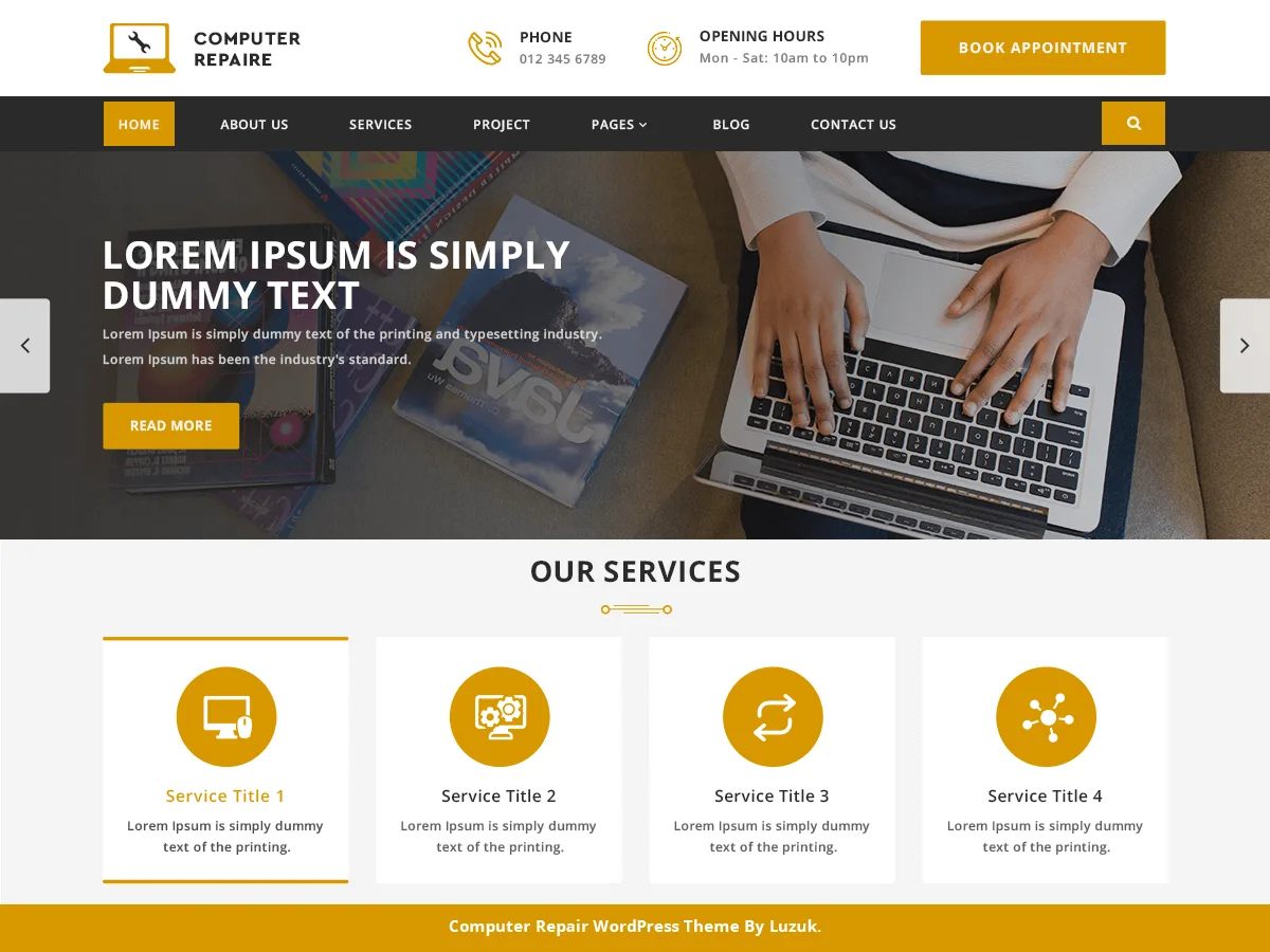 LZ Computer Repair web sitesi teması ile cihaz tamir hizmetleri için tasarlanmış modern bir web sitesi görünümü