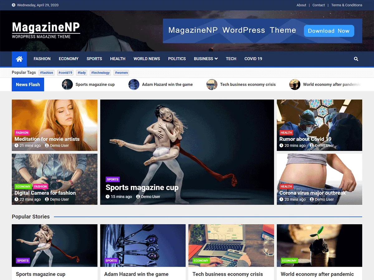 MagazineNP web sitesi teması ile haber sitesi görünümü