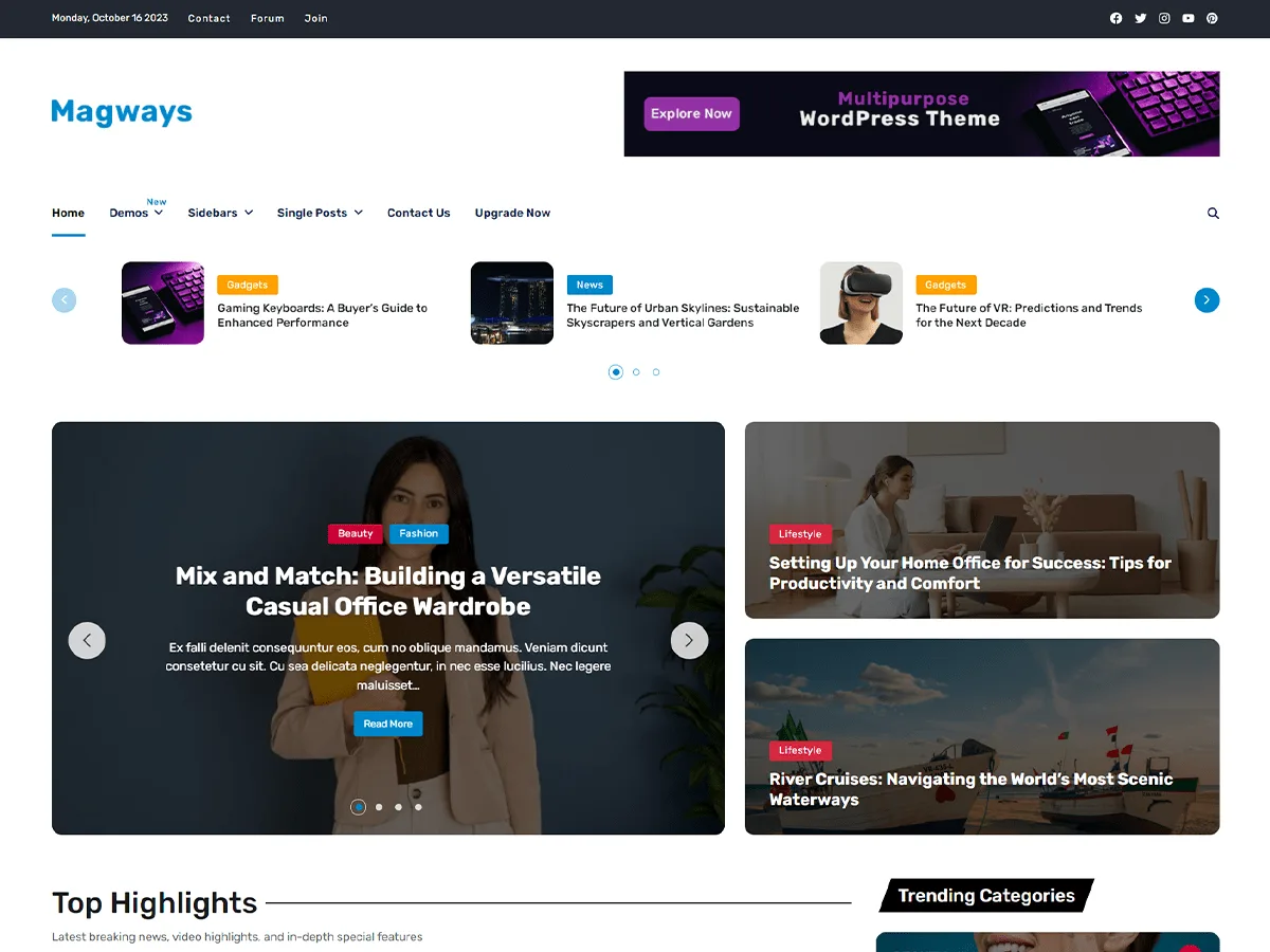 Magways teması ile tasarlanmış bir blog veya dergi web sitesi görünümü