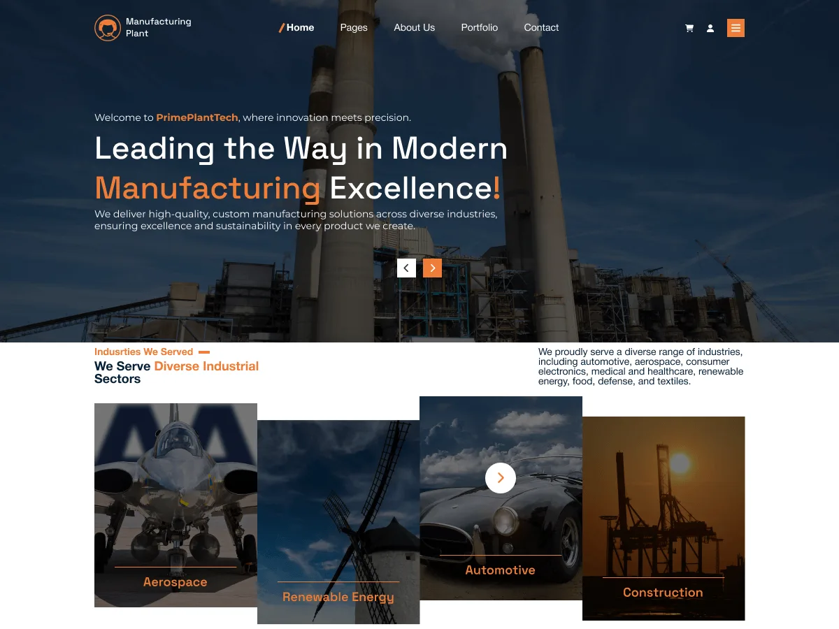 Manufacturing Plant teması ile endüstriyel bir web sitesi görünümü