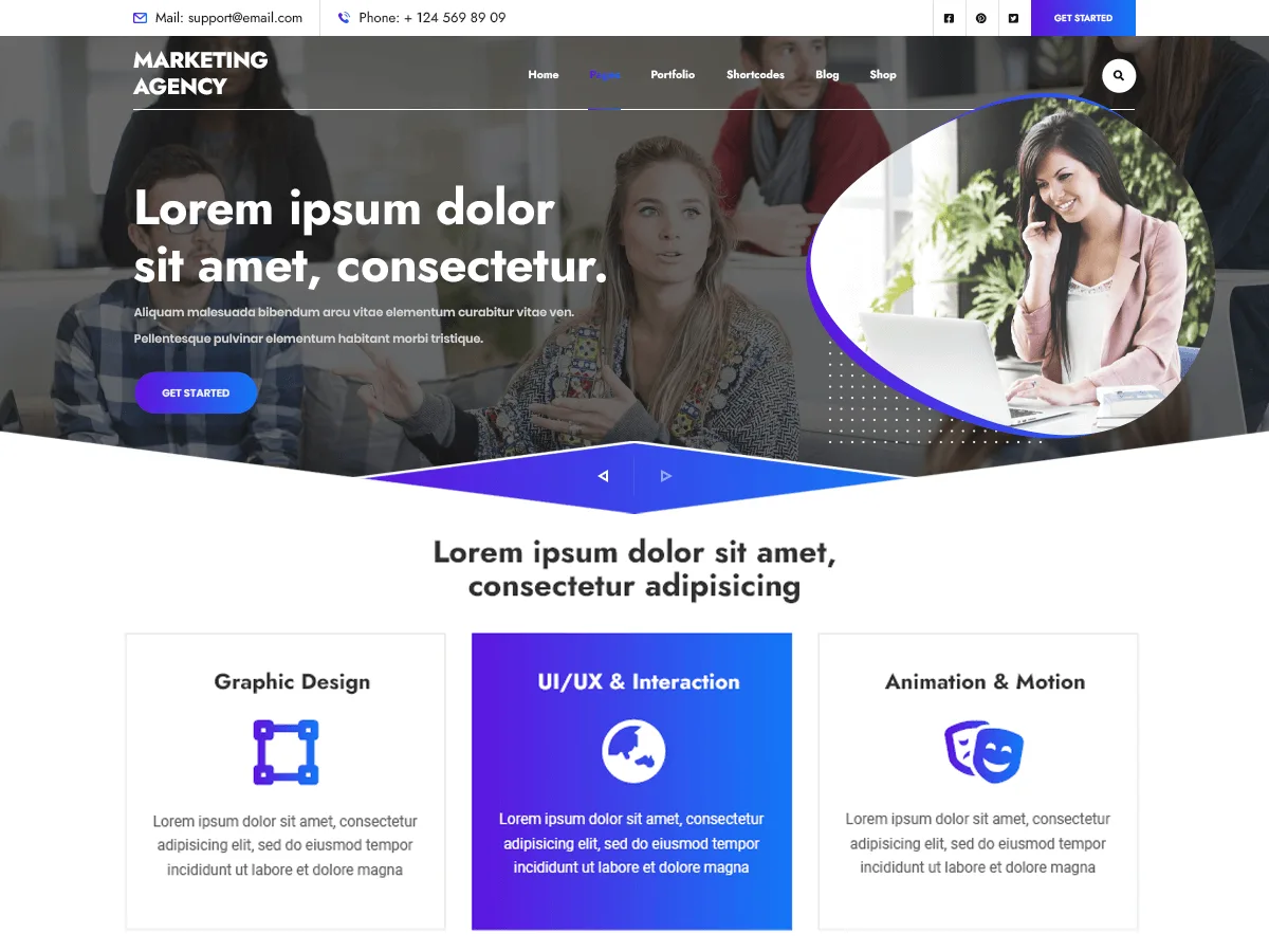 Marketing Agency teması ile oluşturulmuş profesyonel bir web sitesi görünümü