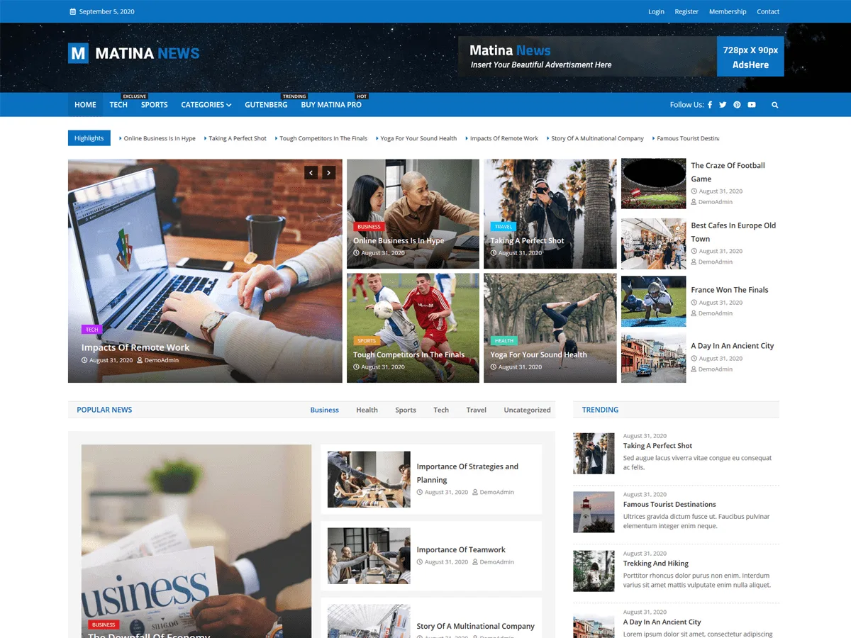 Matina News web sitesi teması önizlemesi