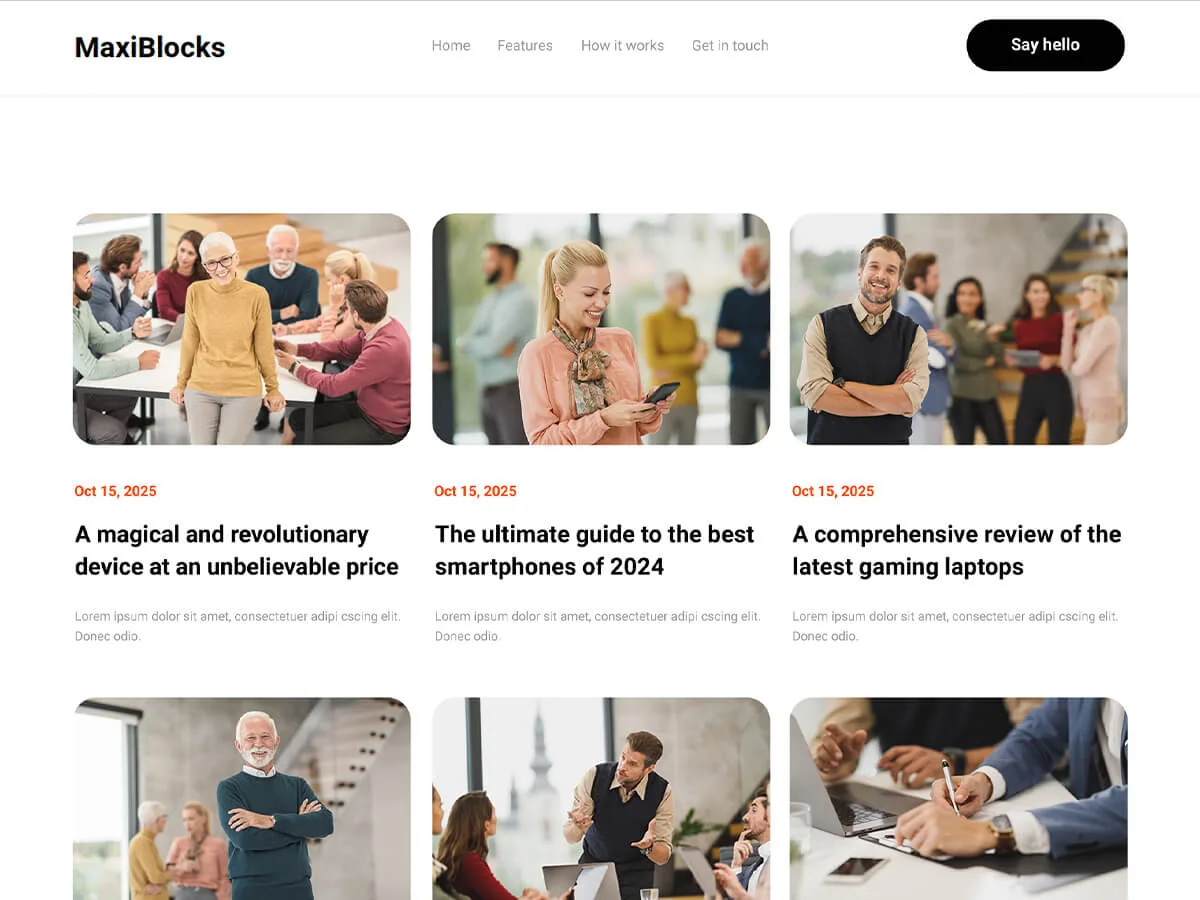 MaxiBlocks Go web sitesi teması ile oluşturulmuş örnek bir web sitesi görünümü