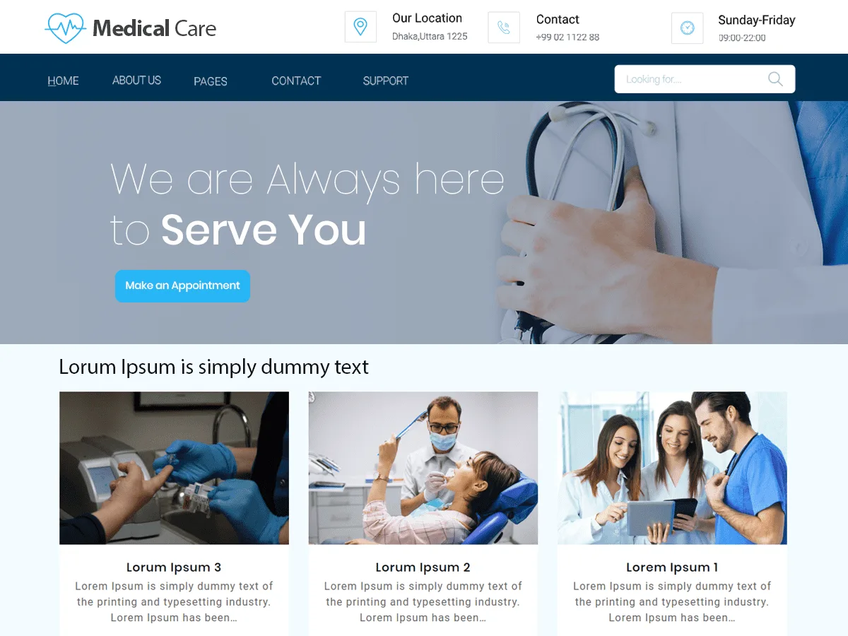 Medical Care web sitesi teması sağlık sektörü için tasarım örneği