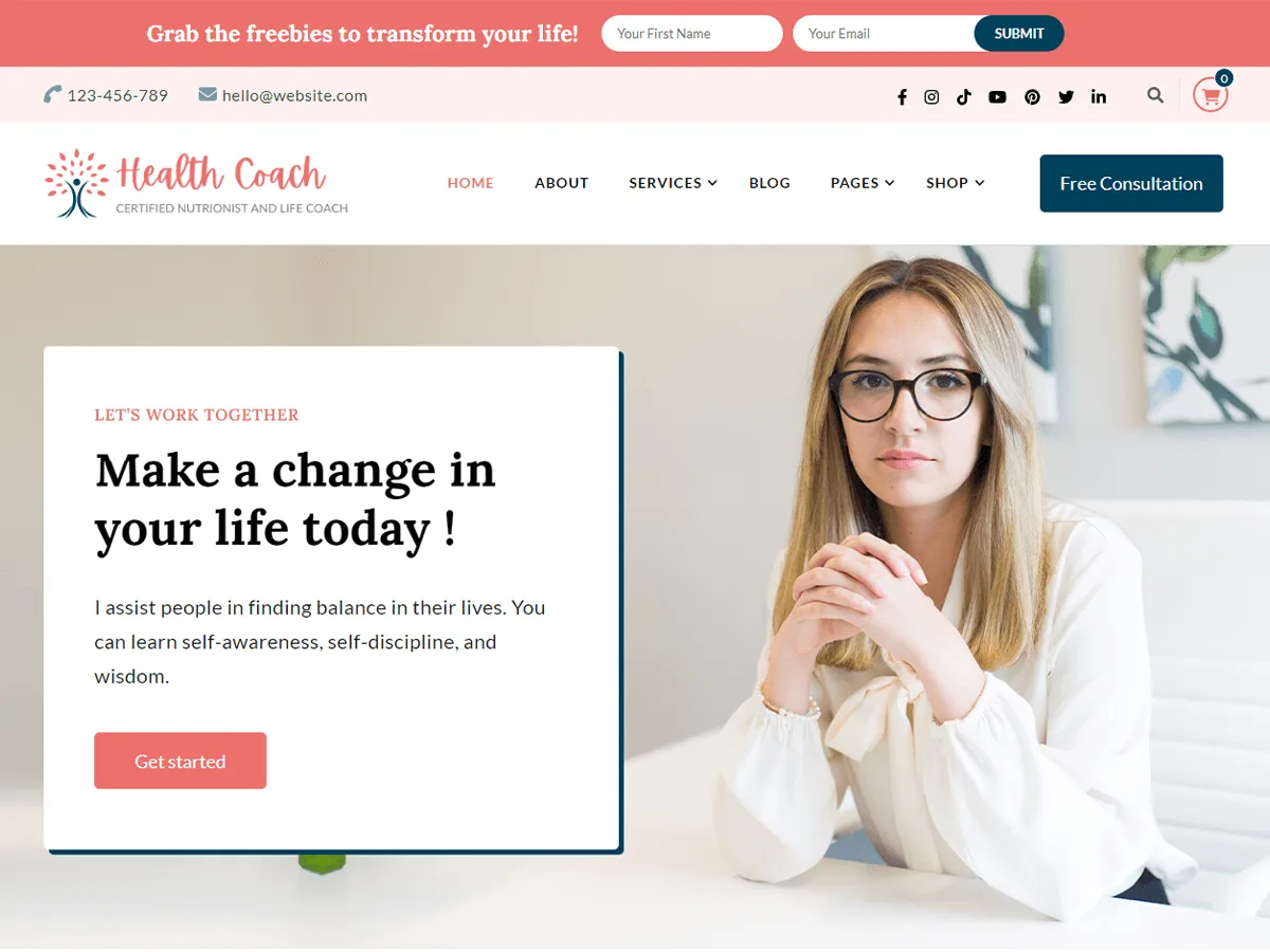 Mental Health Coach web sitesi teması ile oluşturulmuş danışmanlık hizmetleri açılış sayfası