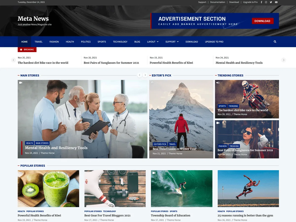 Meta News web sitesi teması önizlemesi