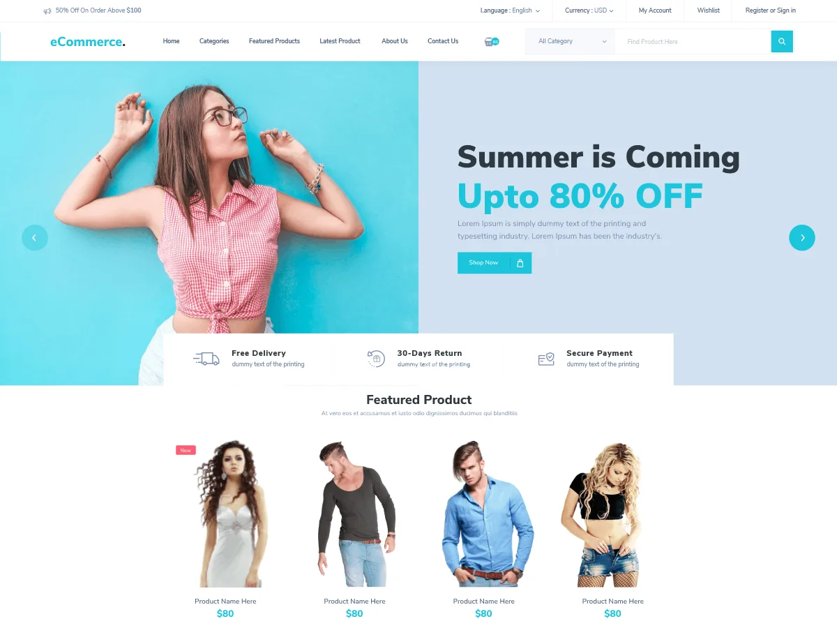 Modern Ecommerce web sitesi teması ile oluşturulmuş profesyonel bir online mağaza görünümü