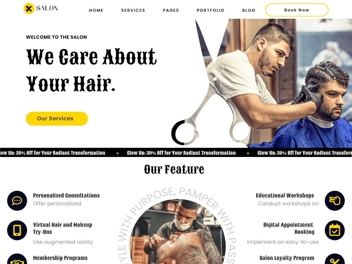 Modern Salon web sitesi teması ile kuaför ve saç tasarımı hizmetleri için profesyonel bir web sitesi görünümü