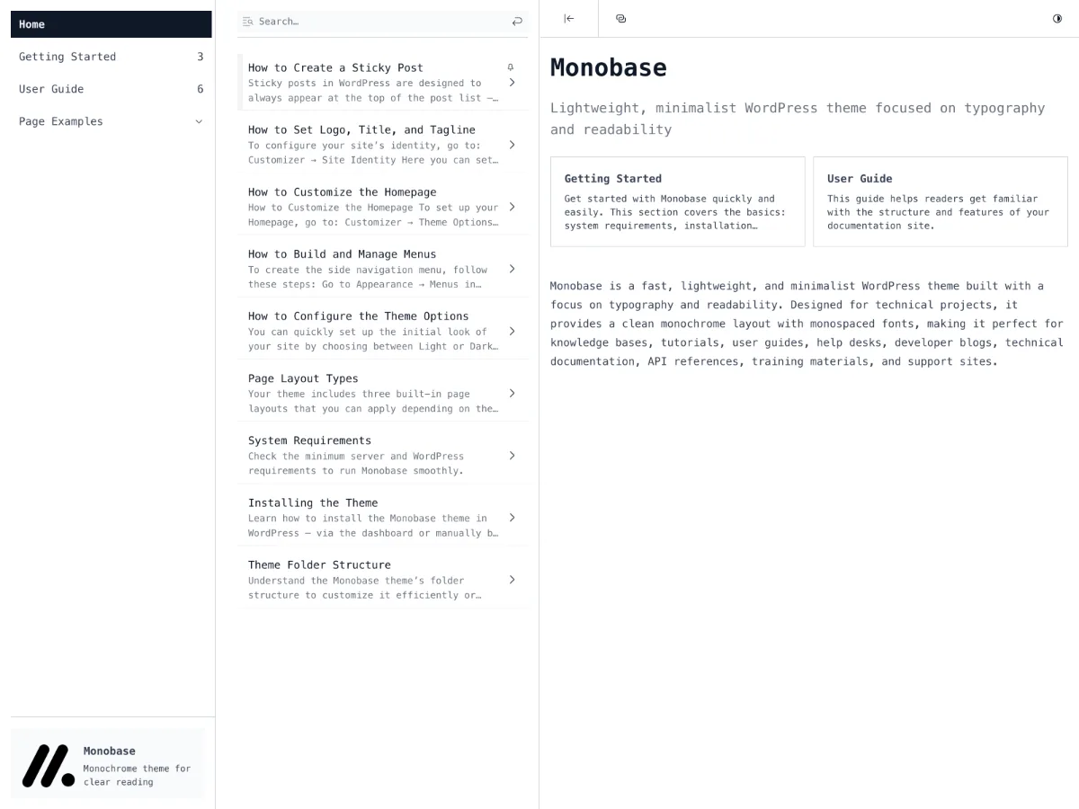 Monobase web sitesi teması ile teknik dokümantasyon sayfası örneği