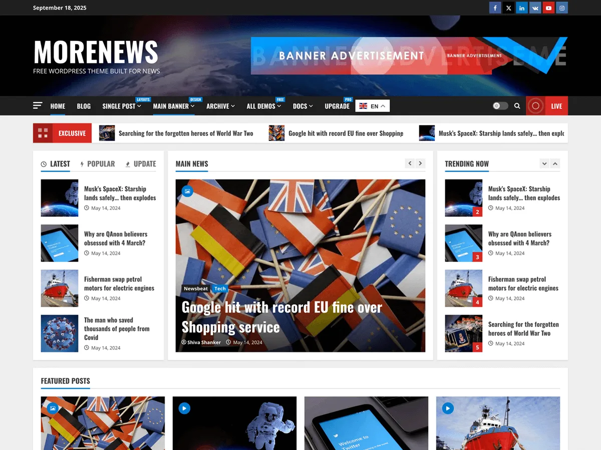 MoreNews web sitesi teması ile tasarlanmış haber sitesi görünümü