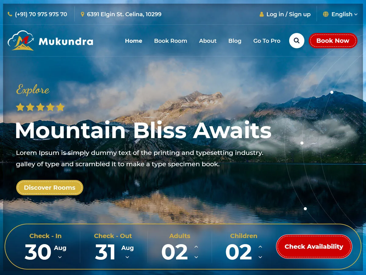 Mukundra web sitesi teması ile otel ve tatil köyü için modern rezervasyon sayfası