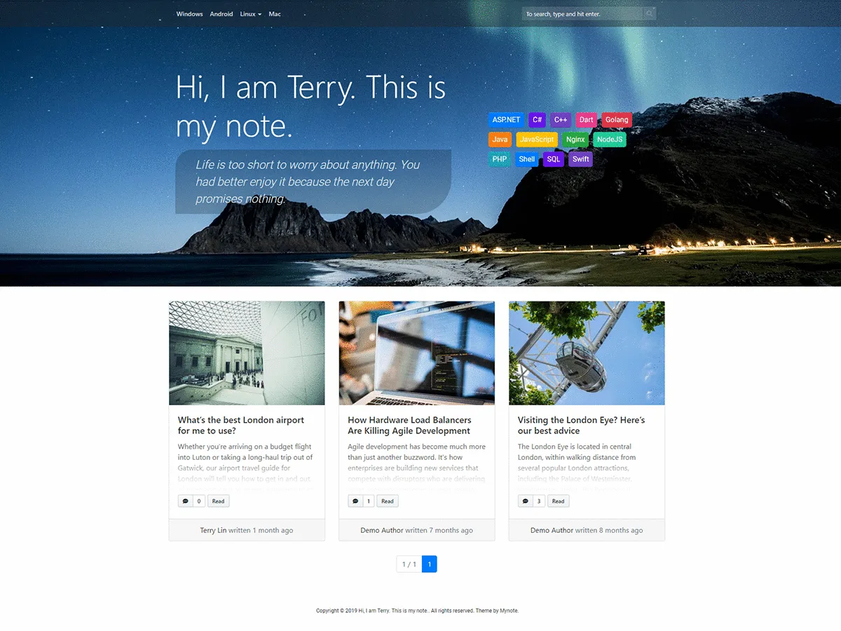Mynote web sitesi teması önizlemesi