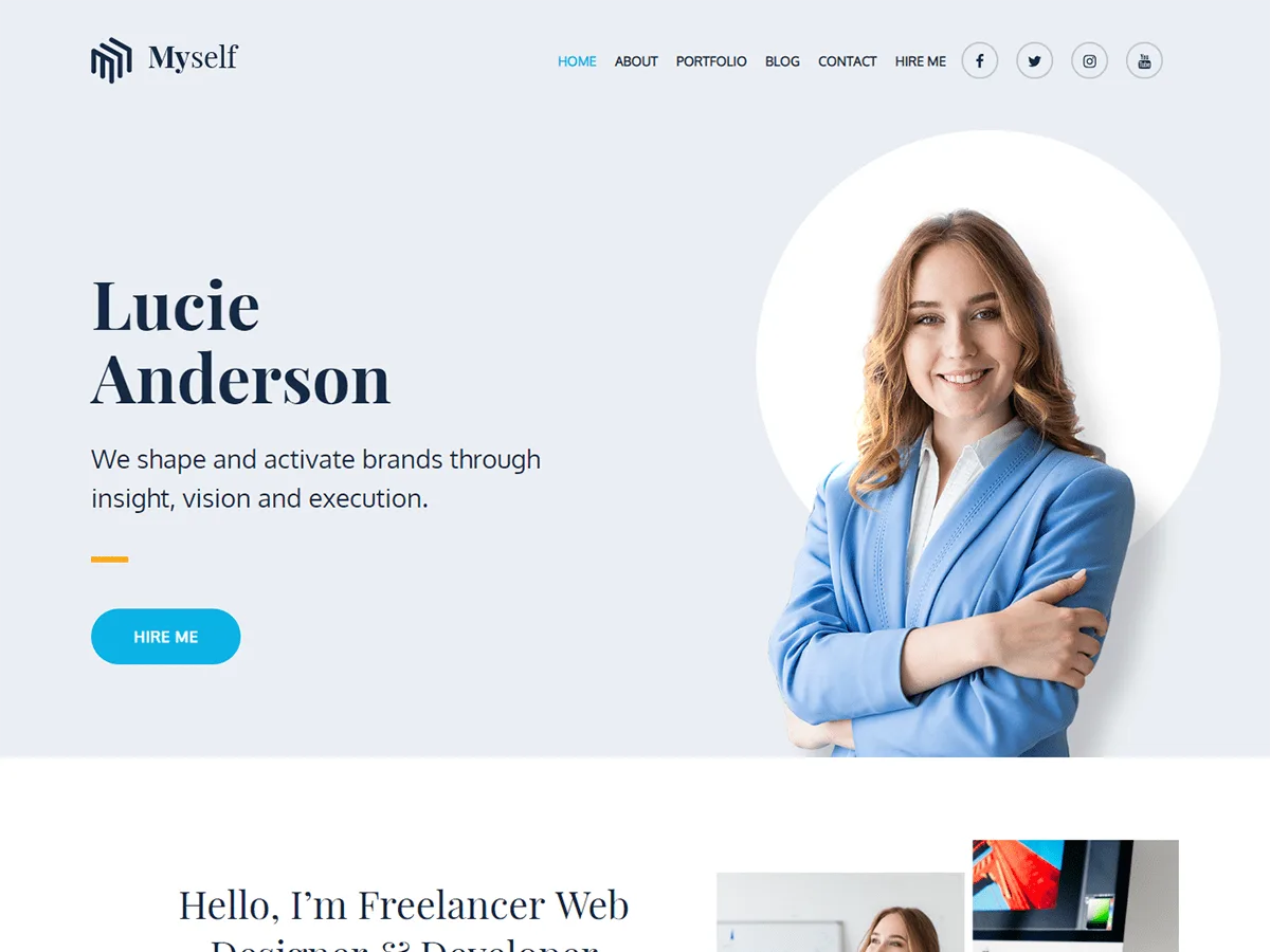Myself web sitesi teması ile oluşturulmuş modern bir portfolyo sitesi görünümü