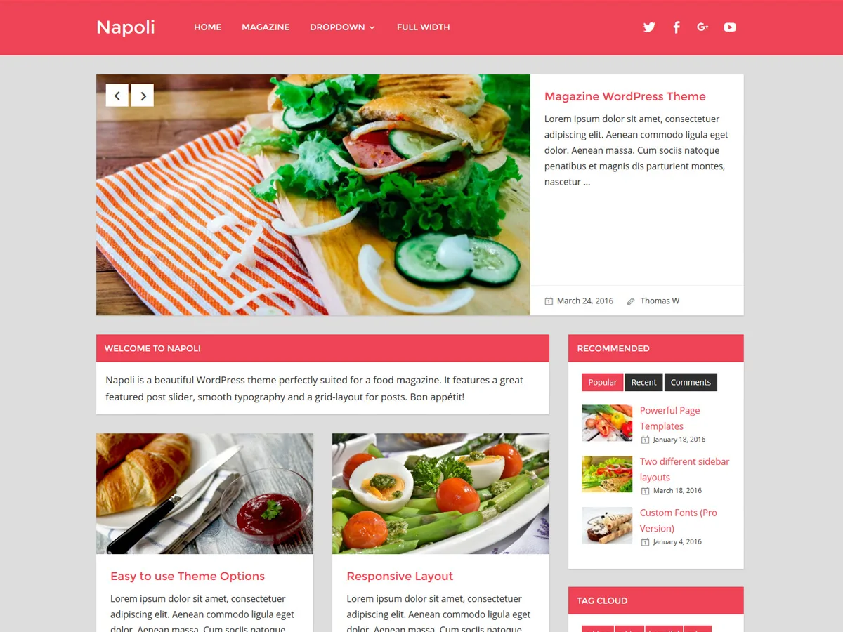 Napoli web sitesi teması öne çıkan yazı kaydırıcısı ve grid düzeni