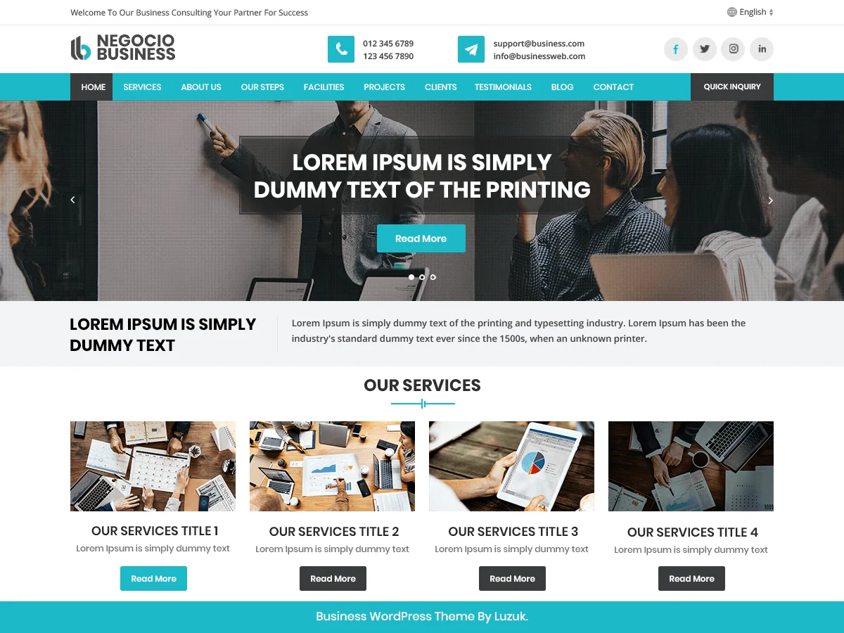 Negocio Business web sitesi teması ile kurumsal bir web sitesi görünümü