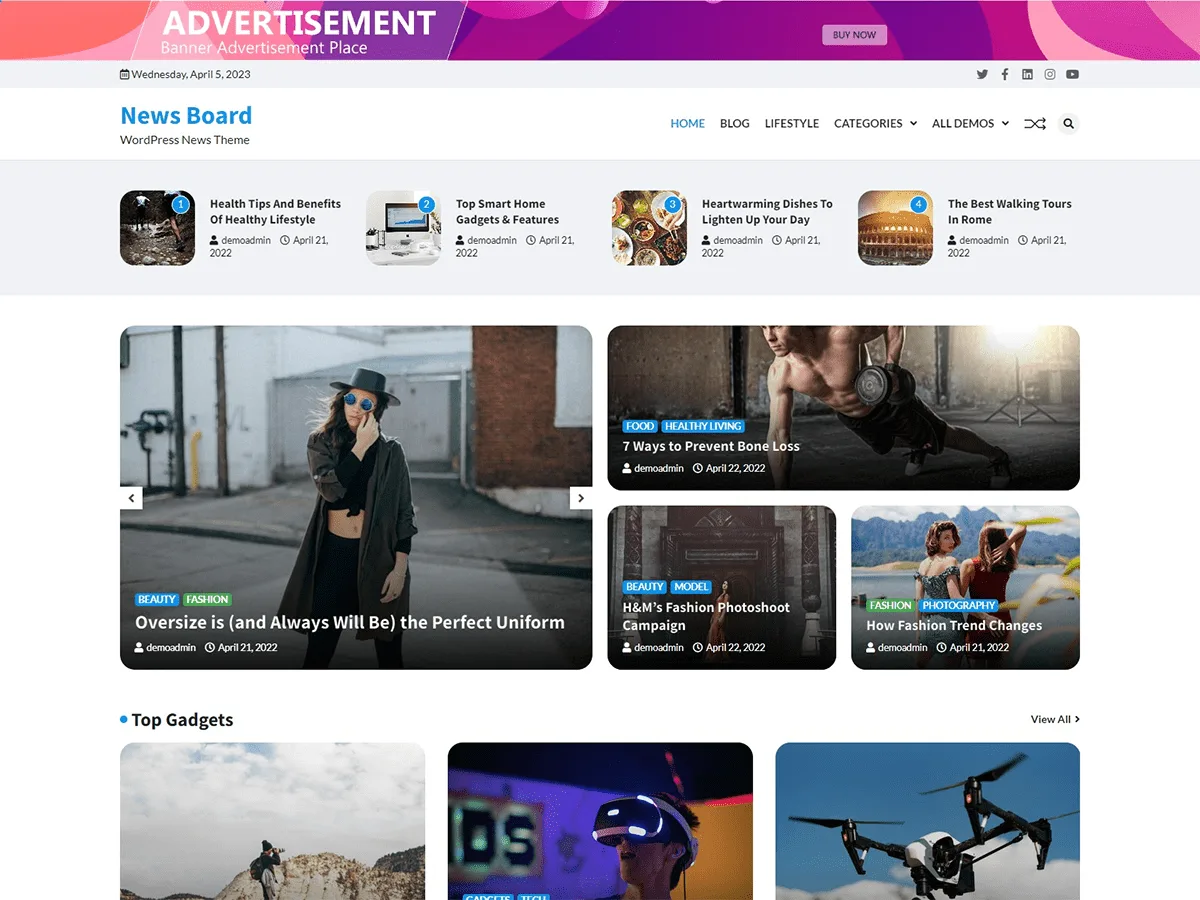 News Board web sitesi teması önizlemesi