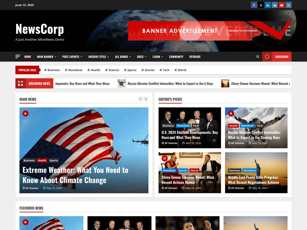 NewsCorp web sitesi teması ile haber sitesi düzeni örneği