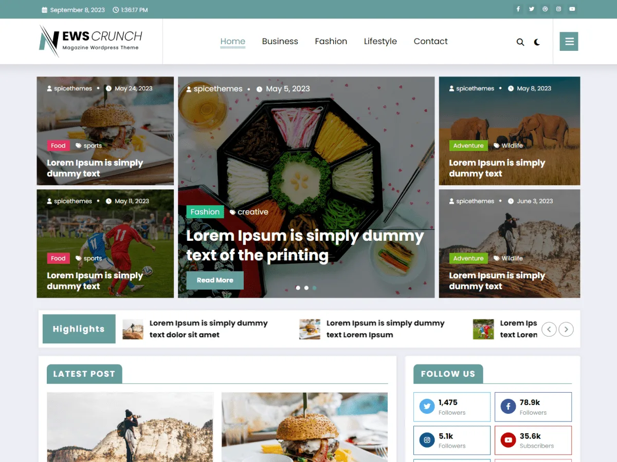 Newscrunch teması ile tasarlanmış şık bir dergi web sitesi görünümü
