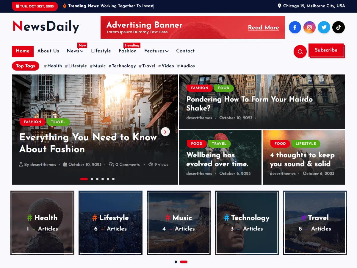 NewsDaily web sitesi teması önizlemesi