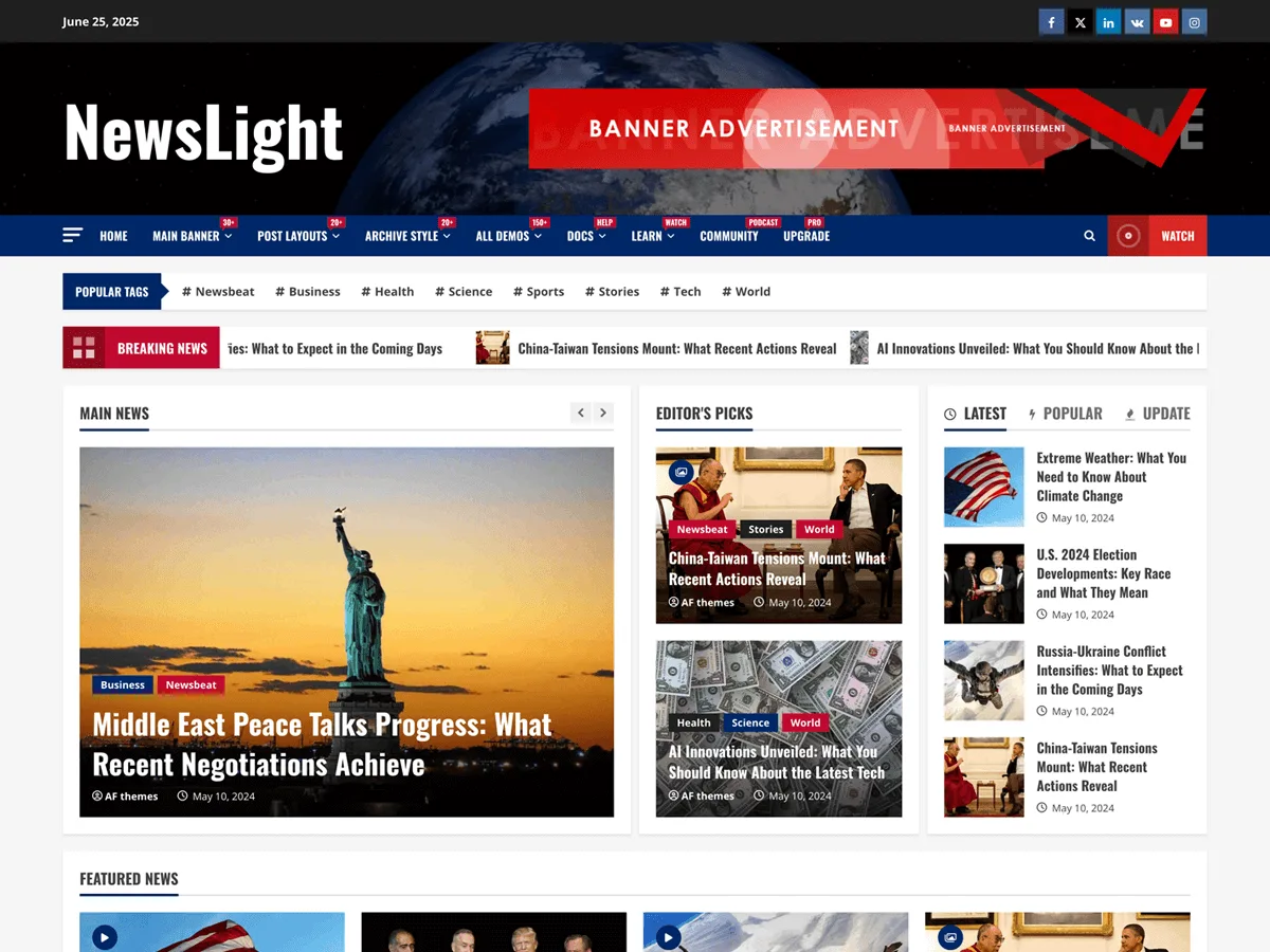 NewsLight web sitesi teması özellikleri