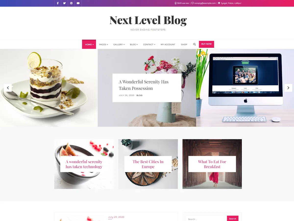 Next Level Blog web sitesi teması ile örnek blog görünümü