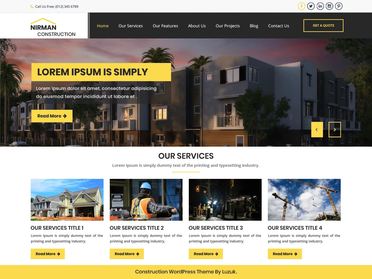 Nirman Construction inşaat web sitesi teması önizlemesi