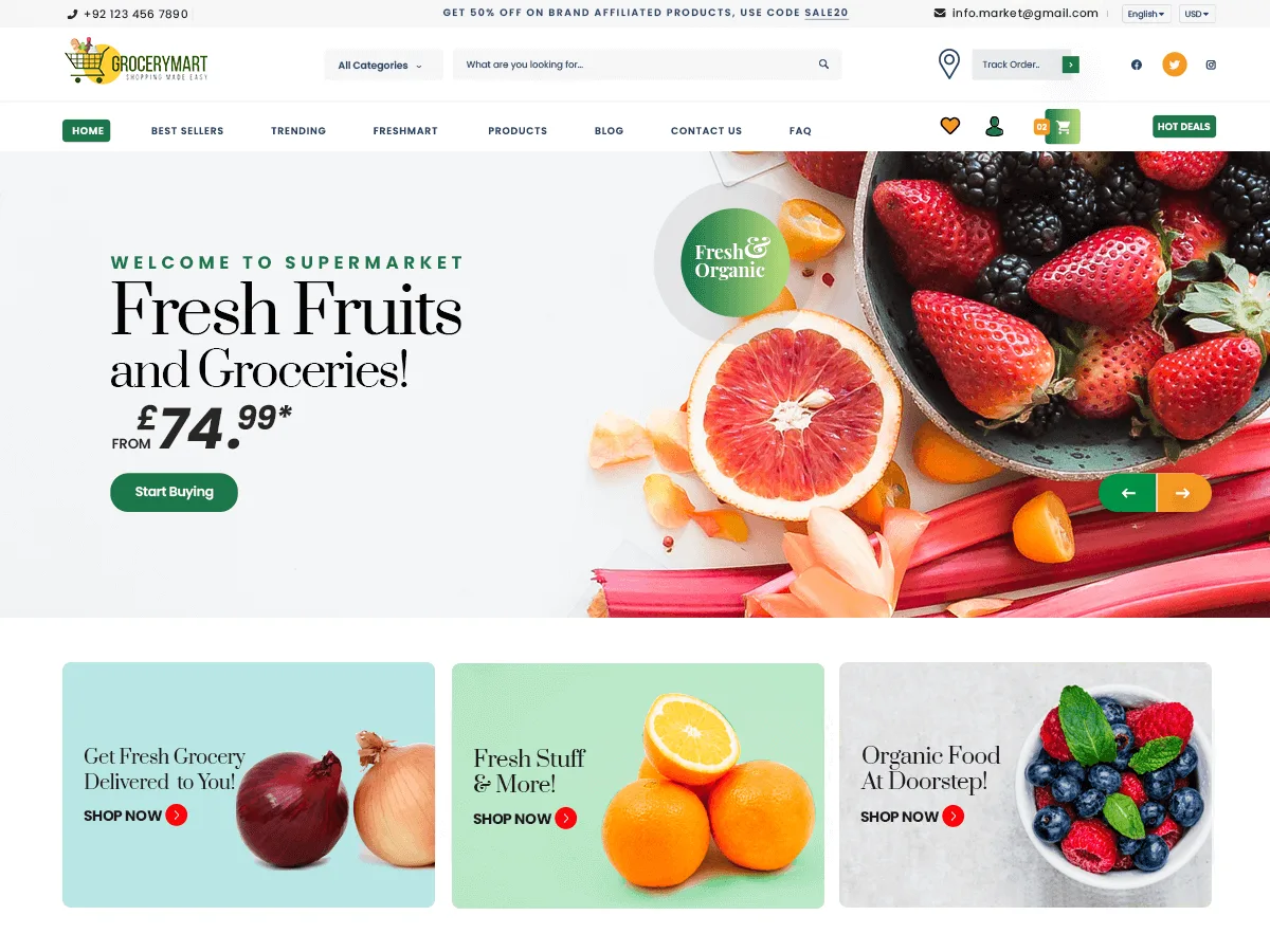 Online Grocery Mart web sitesi teması ile oluşturulmuş çevrimiçi market görünümü