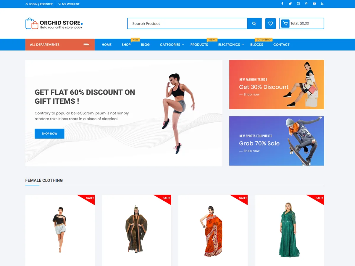 Orchid Store web sitesi teması ile çok kategorili online mağaza görünümü