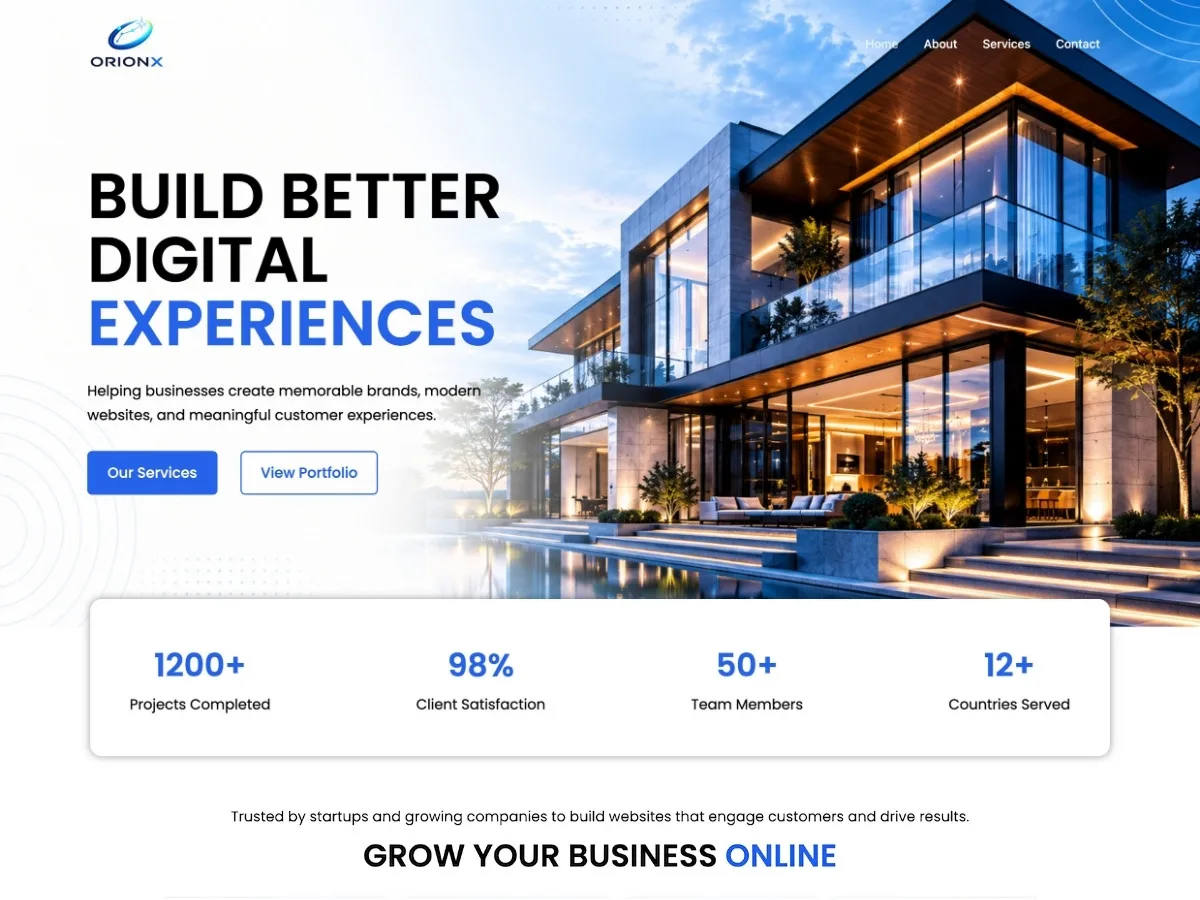 OrionX web sitesi teması ile oluşturulmuş modern bir web sitesi görünümü