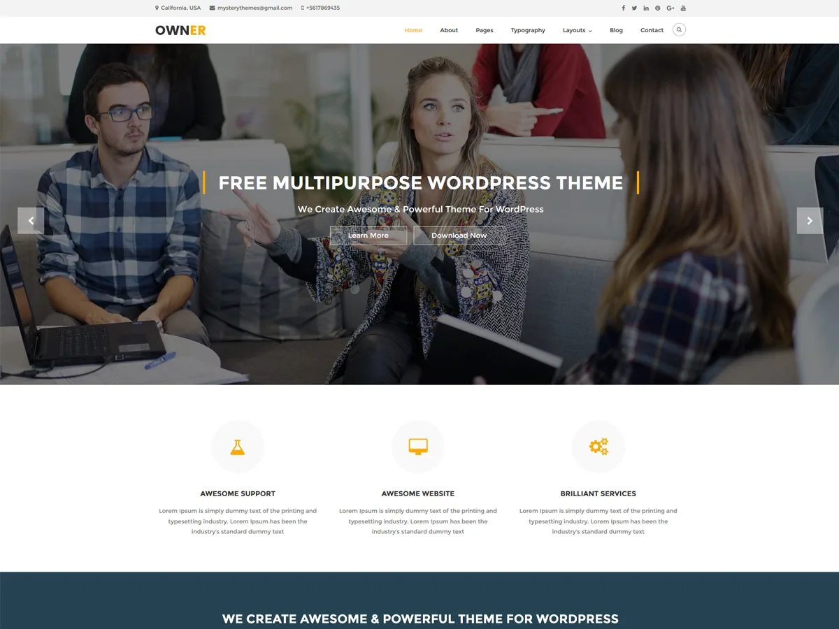Owner web sitesi teması ile kurumsal bir web sitesi görünümü
