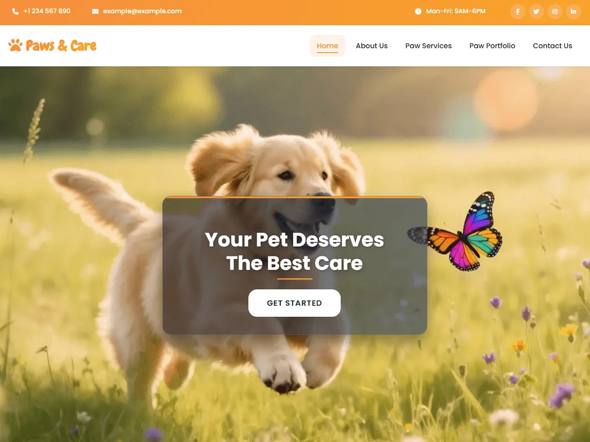 Paws and Care web sitesi teması ile oluşturulmuş örnek bir web sitesi görünümü