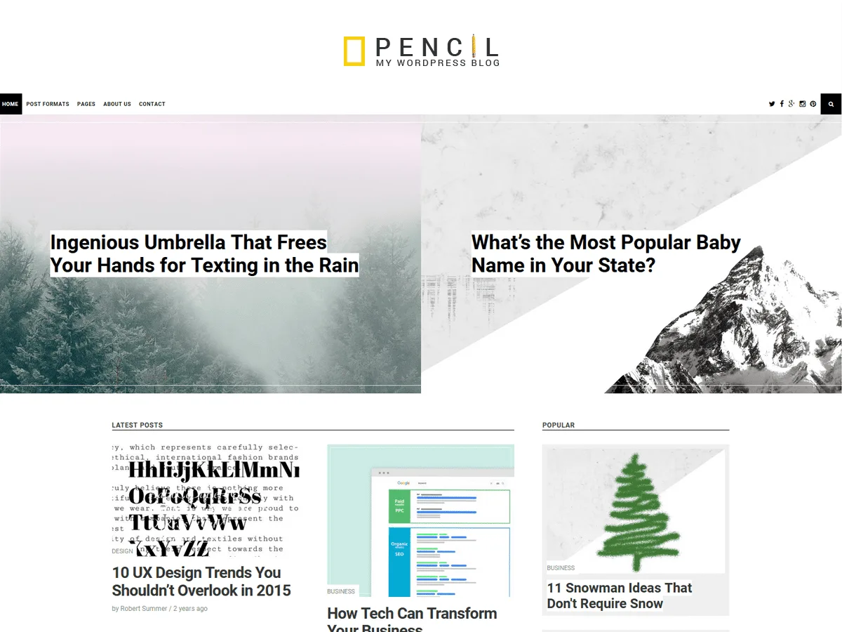 Pencil web sitesi teması minimalist blog ve dergi tasarımı