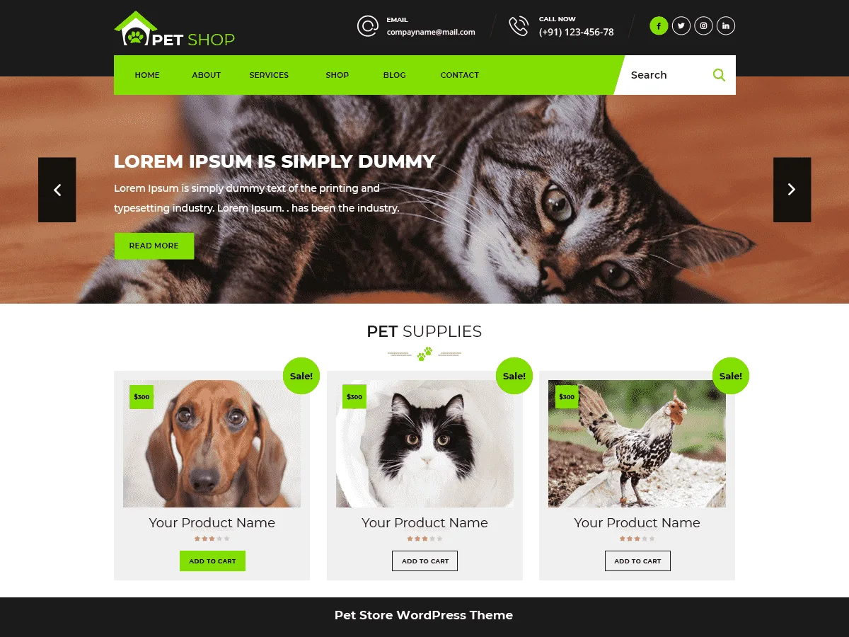 Pet Animal Store web sitesi teması ile evcil hayvan işletmesi için örnek bir web sitesi görünümü