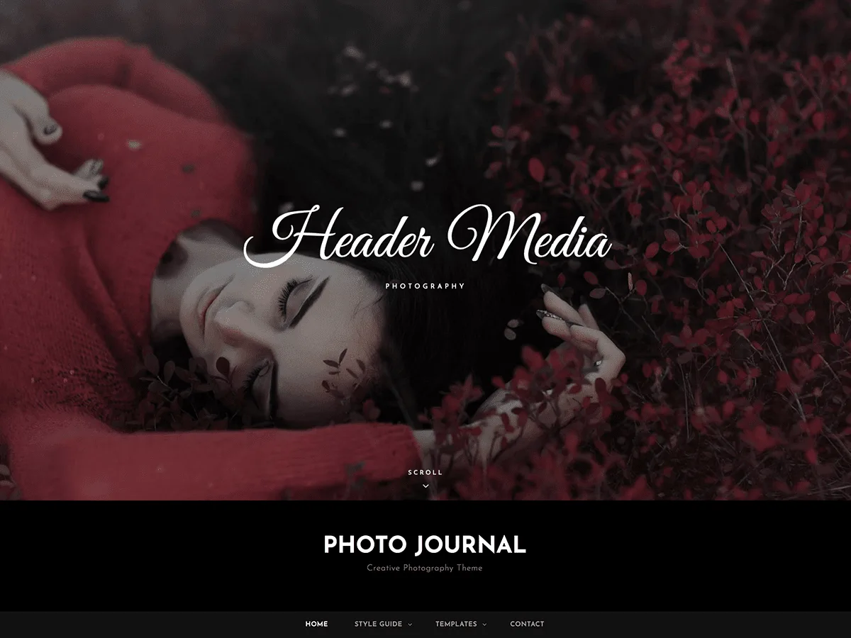 Photo Journal teması ile oluşturulmuş koyu temalı bir fotoğrafçı portfolyo web sitesi