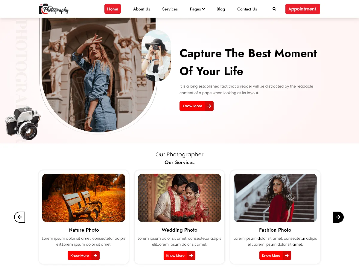 Photographer Elementor web sitesi teması ile fotoğrafçı portfolyo sitesi görünümü