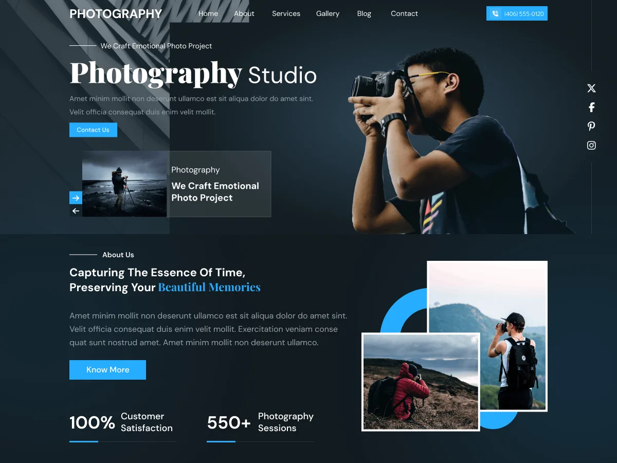 Photography Album teması ile oluşturulmuş fotoğrafçı web sitesi görünümü