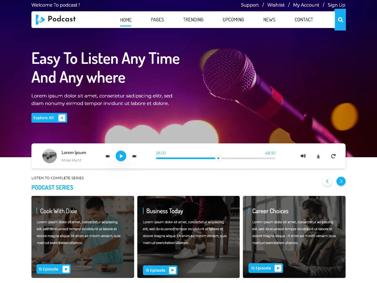 Podcaster Radio web sitesi teması önizlemesi