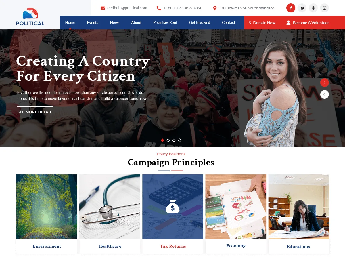 Political Campaign teması ile oluşturulmuş siyasi kampanya web sitesi görünümü