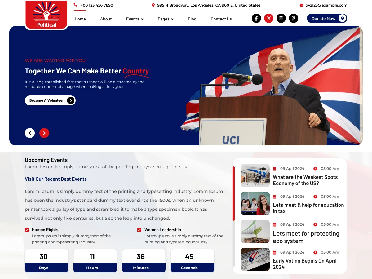 Politics Candidate web sitesi teması ile siyasi kampanya sayfası görünümü
