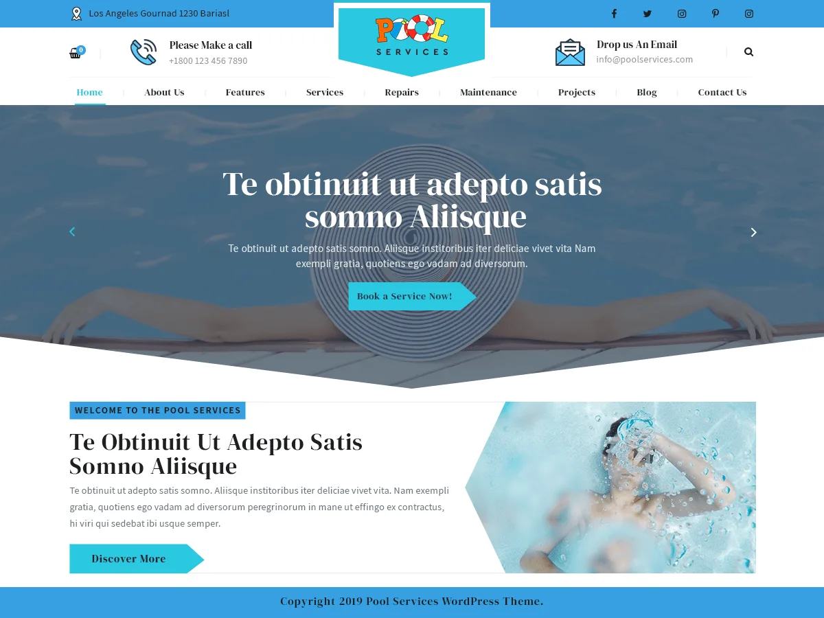 Pool Services Lite web sitesi teması ile havuz bakım işletmesi için tasarlanmış şık ve modern bir web sitesi görünümü