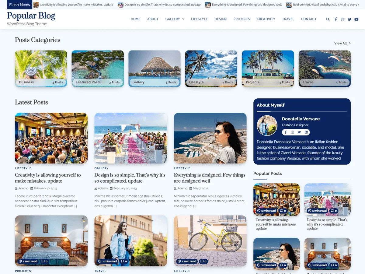 Popular Blog teması ile oluşturulmuş örnek bir blog sitesi görünümü
