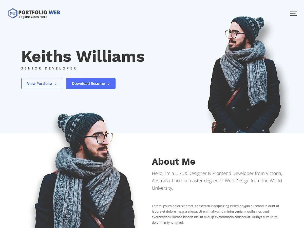 Portfolio Web teması ile oluşturulmuş bir portfolyo web sitesi görünümü