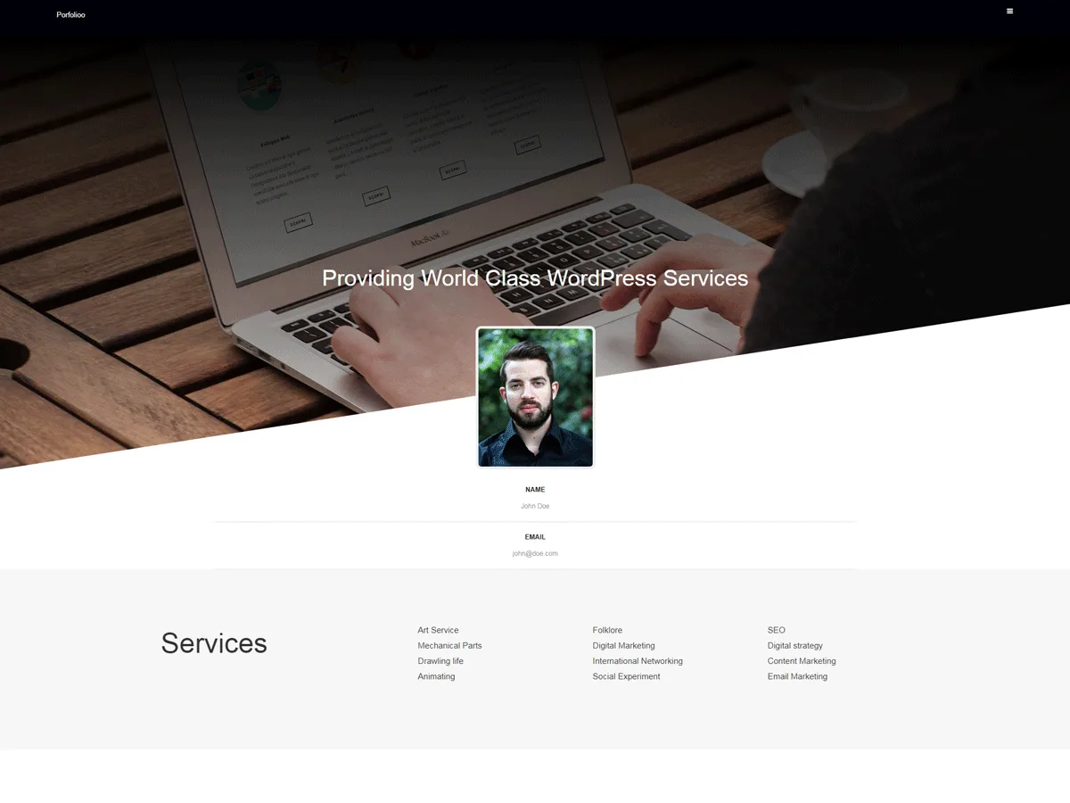 Portfolioo web sitesi teması ile oluşturulmuş kişisel portfolyo sayfası örneği