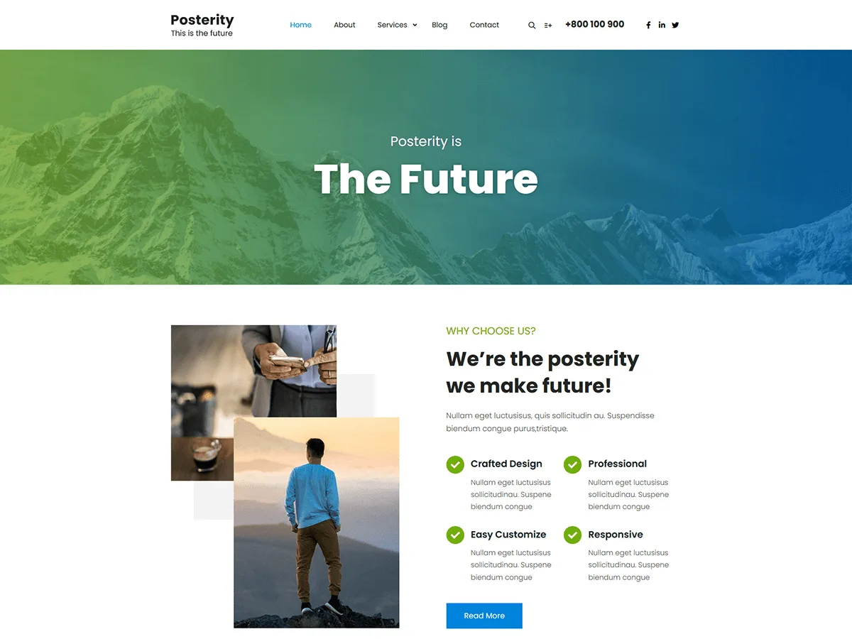 Posterity web sitesi teması ile oluşturulmuş örnek bir web sitesi görünümü