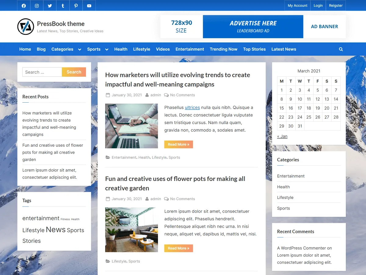 PressBook web sitesi teması önizlemesi